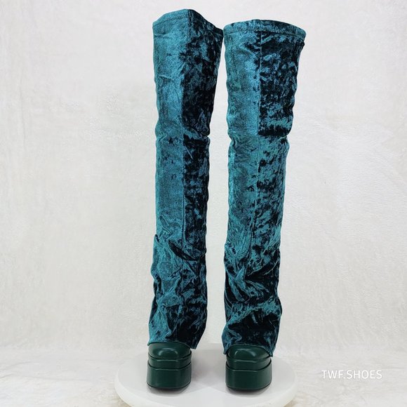 Good Will Unique Thigh High Emerald Velvet Fold over Chunky Heel Platform Boots - Picture 15 of 15
